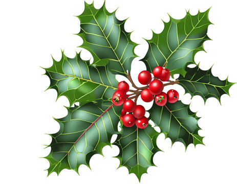 D&eacute;coration de Noel. (Ilex aquifolium) Rameau de houx commun garni de feuilles vertes &eacute;pineuses entour&eacute;es de baies rouges sur fond transparent
