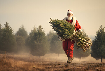 Christmas tree farm, Santa carries tree, christmas time, christmas tree on his back