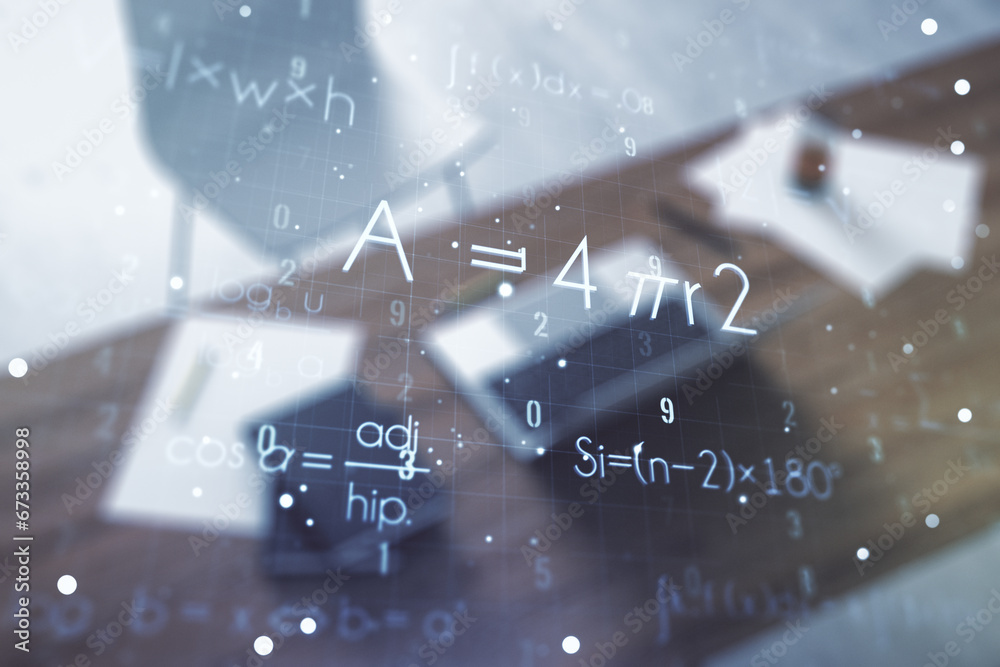 Poster creative scientific formula concept and modern desktop with computer on background. multiexposure