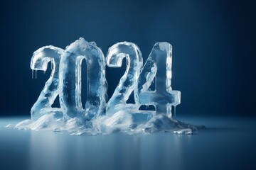 a number 2024 made out of ice on a blue background, clear figures
