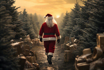 Christmas tree farm, Santa carries tree, christmas time, christmas tree on his back