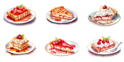 Set of Watercolor of delicious Cake dessert served on plate isolated on transparent background, Sweeties food decorated concept.