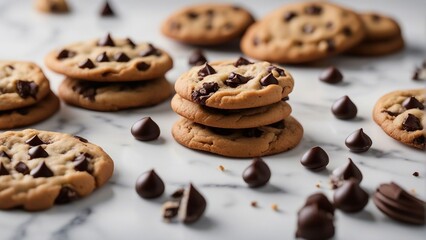 homemade chocolate chip cookies with ingredients at white marble kitchen 

