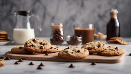 homemade chocolate chip cookies with ingredients at white marble kitchen 

