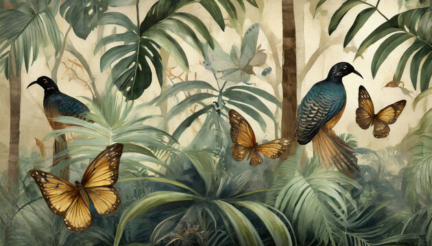 wallpaper jungle and leaves tropical forest mural birds and butterflies old drawing vintage background