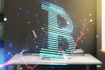 Creative Bitcoin concept and modern desktop with computer on background. Multiexposure