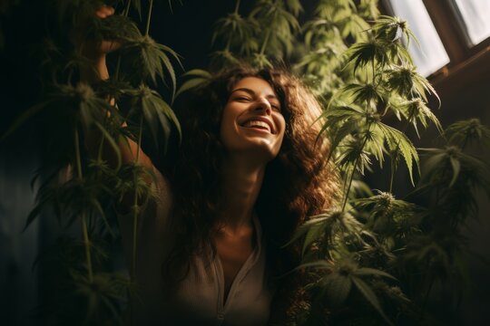 Happy young woman surrounded by cannabis plants in a cannabis farm