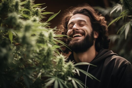 Happy man surrounded by cannabis plants in cannabis farm