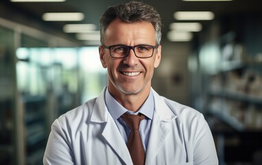 A smiling doctor wearing lab coat and glasses, medical environment
