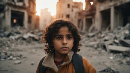 portrait of innocent middle eastern child in front of bombed and flaming buildings