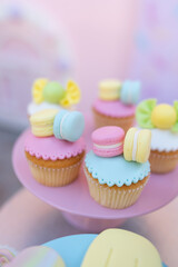 Colorful cape cakes with macarons and marshmallows