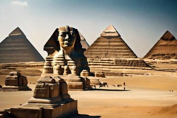 Monumental sculpture of the Sphinx and the great pyramids in the background, Giza Plateau, Egypt