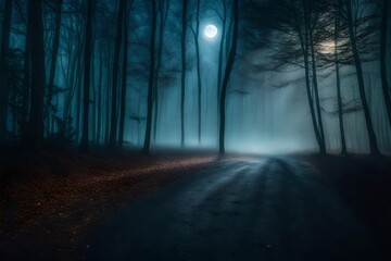 Fog In Spooky Forest At Moon Light On Asphalt - Abstract Bokeh