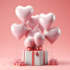 3D Heart Shaped Balloons and Gift Boxes Flying on Pink Background, Valentine's Day Concept