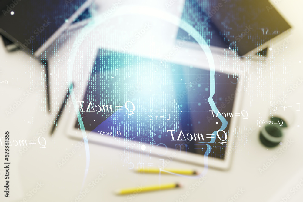Poster creative artificial intelligence concept with human head sketch and modern digital tablet on desktop