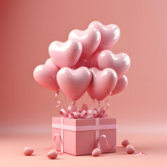 3D Heart Shaped Balloons and Gift Boxes Flying on Pink Background, Valentine's Day Concept