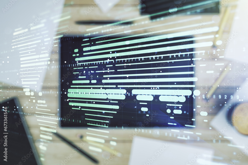 Poster multi exposure of abstract graphic world map and modern digital tablet on background, connection and