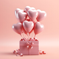 3D Heart Shaped Balloons and Gift Boxes Flying on Pink Background, Valentine's Day Concept