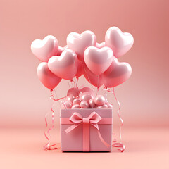 3D Heart Shaped Balloons and Gift Boxes Flying on Pink Background, Valentine's Day Concept