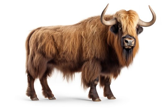 brown yak, Bos mutus isolated on white background, and clipping path.