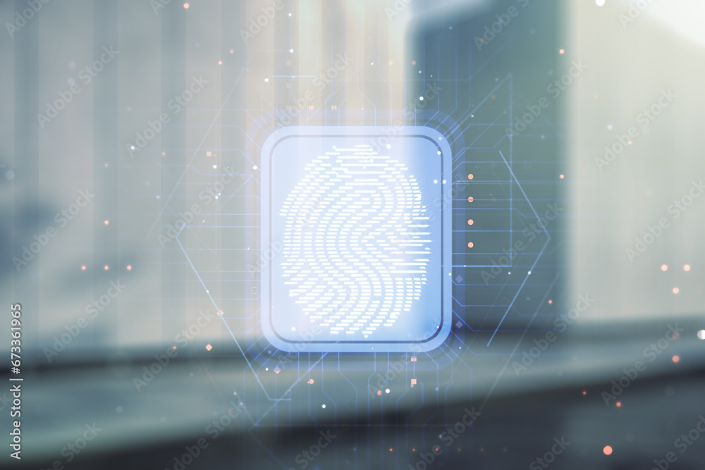 Poster multi exposure of virtual graphic fingerprint sketch on blurry contemporary office building backgrou