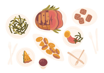 Isolated Set of Sumptuous Array Of Dishes, Meat, Potato, Pie and Dessert, Awaited Hungry Guests, Vector Illustration