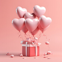 3D Heart Shaped Balloons and Gift Boxes Flying on Pink Background, Valentine's Day Concept