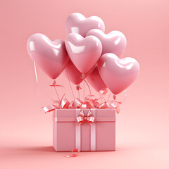 3D Heart Shaped Balloons and Gift Boxes Flying on Pink Background, Valentine's Day Concept