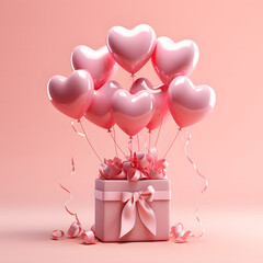 3D Heart Shaped Balloons and Gift Boxes Flying on Pink Background, Valentine's Day Concept