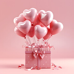 3D Heart Shaped Balloons and Gift Boxes Flying on Pink Background, Valentine's Day Concept