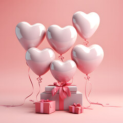 3D Heart Shaped Balloons and Gift Boxes Flying on Pink Background, Valentine's Day Concept
