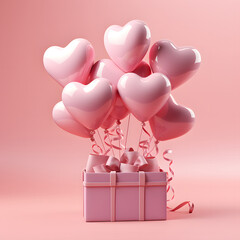 3D Heart Shaped Balloons and Gift Boxes Flying on Pink Background, Valentine's Day Concept
