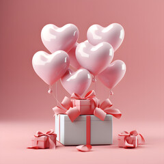 3D Heart Shaped Balloons and Gift Boxes Flying on Pink Background, Valentine's Day Concept
