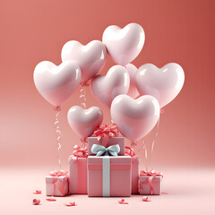 3D Heart Shaped Balloons and Gift Boxes Flying on Pink Background, Valentine's Day Concept