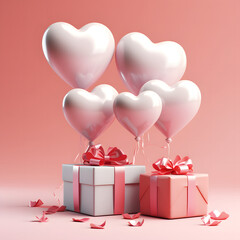 3D Heart Shaped Balloons and Gift Boxes Flying on Pink Background, Valentine's Day Concept