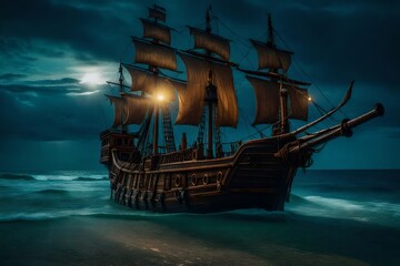 A pirate ship looking for treasure on a deserted