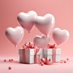 3D Heart Shaped Balloons and Gift Boxes Flying on Pink Background, Valentine's Day Concept