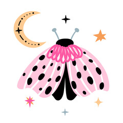 Celestial pink moth. Mystical luna moth with moon. Magic insect on white background. Vector illustration.