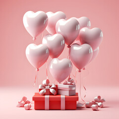 3D Heart Shaped Balloons and Gift Boxes Flying on Pink Background, Valentine's Day Concept