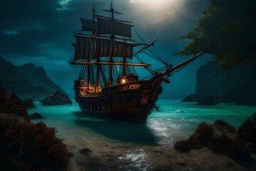 A pirate ship looking for treasure on a deserted