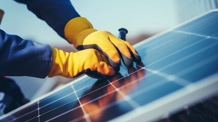 Cropped view of man hands in work gloves mounting photovoltaic solar panels. Worker assembling solar modules for generating electricity through photovoltaic effect. Renewable energy sources concept. - obrazy, fototapety, plakaty