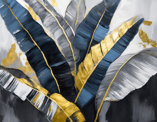 tropical simple, abstract, textured, shaded, blue, grey, black and white banana leaves with touches of gold, oil painting