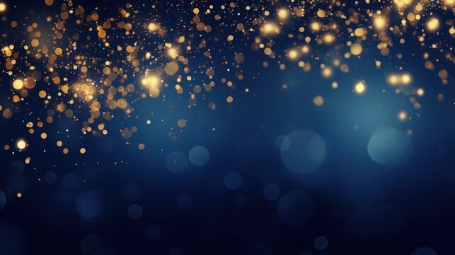 Glowing sparkling gold stars on navy blue background. Celebrate holiday confetti on Christmas New Year's Eve bokeh wallpaper.