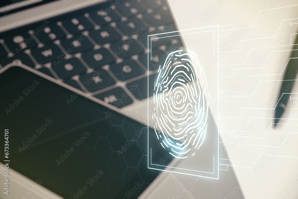 Poster double exposure of abstract creative fingerprint hologram on computer background, protection of pers