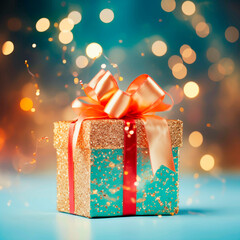 Gift or present wrapped in golden paper with sparkling glitter and a red bow tie ribbon. Concept of giving, charismas and special occasions. Shallow field of view with copy space.