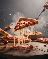 a piece of pizza slice, exploding ingredients and melting cheese 

