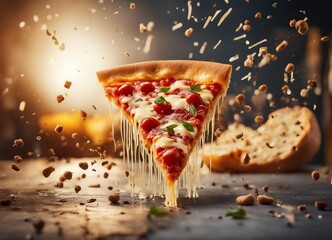 a piece of pizza slice, exploding ingredients and melting cheese 

 - obrazy, fototapety, plakaty