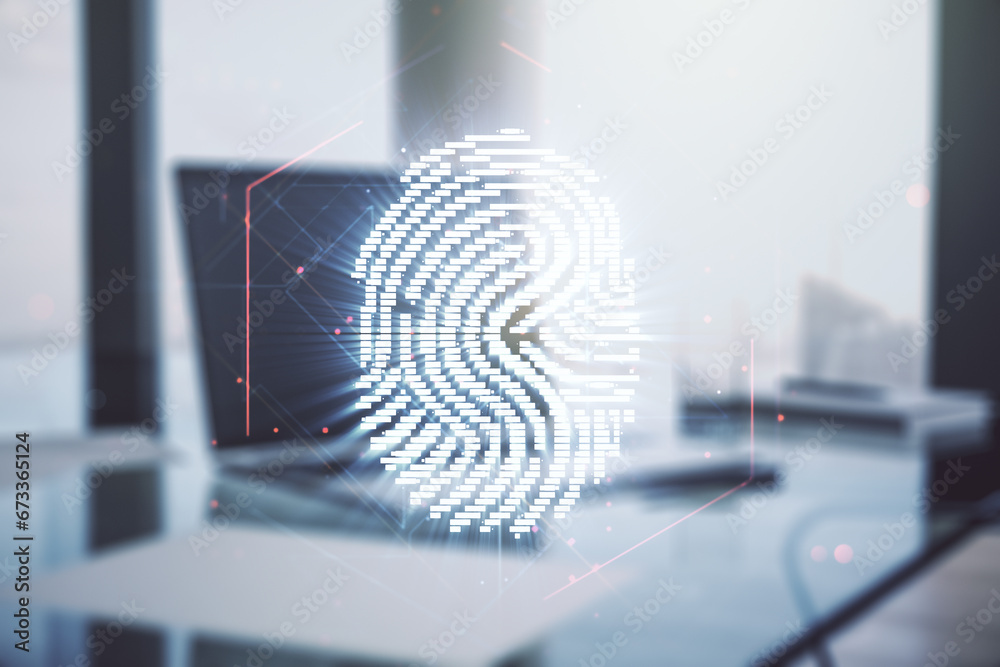 Poster double exposure of abstract creative fingerprint hologram on laptop background, research and develop