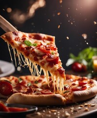 a piece of pizza slice, exploding ingredients and melting cheese  