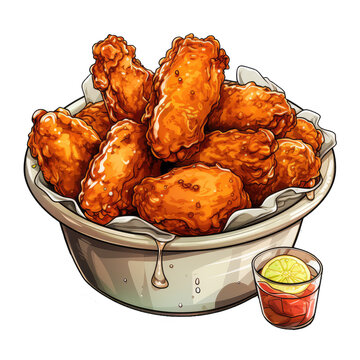 tasty crunchy crispy fried chicken in a bowl . Clipart PNG image . Transparent background . Cartoon vector style . Generative AI 